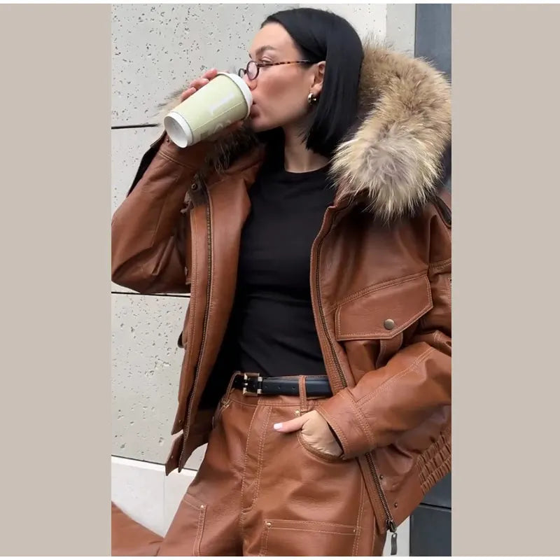 Fur Collar Women 's Leather Jackets Vintage Hooded Zipper Pockets Full Sleeve Jackets Lady 2025 New Woman Winter Coats Outwears