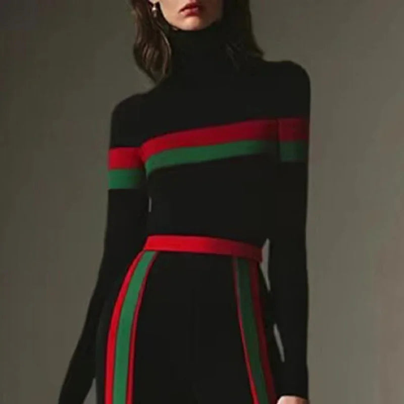 Beautyblue High Neck T-Shirts Women Black Top Sexy Slim Fit Long Sleeves Striped Split-Joint Bottom Basic Shirt Casual Clothing