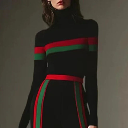 Beautyblue High Neck T-Shirts Women Black Top Sexy Slim Fit Long Sleeves Striped Split-Joint Bottom Basic Shirt Casual Clothing