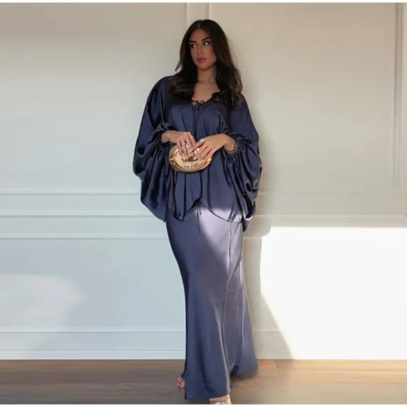 Casual Solid Batwing Sleeve Shirt Skirt Set for Women