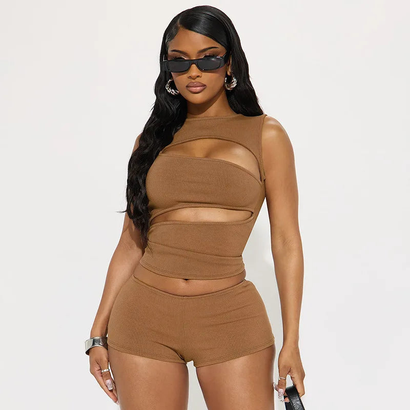 Hollow-Out Patchwork Crop Top and Shorts Set for Women