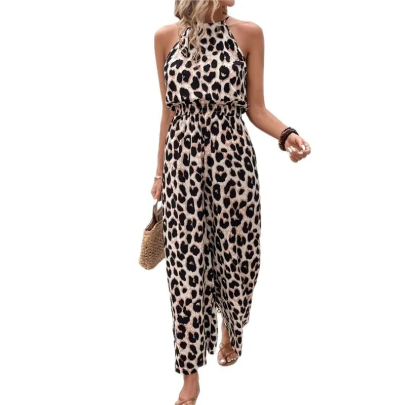 Leopard Print Halter Neck Full Length Jumpsuit for Women