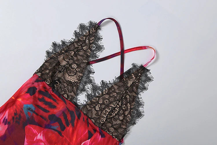Cross Bandage Backless Sling Flower Print Lace Patchwork Dress for Women