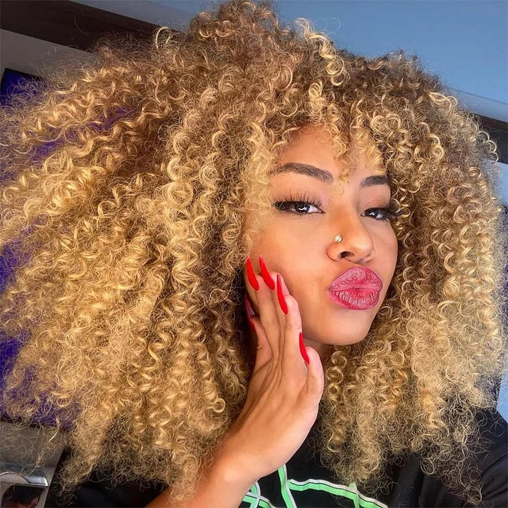 Soft Short Fluffy Afro Curly Wig With Bangs For Women