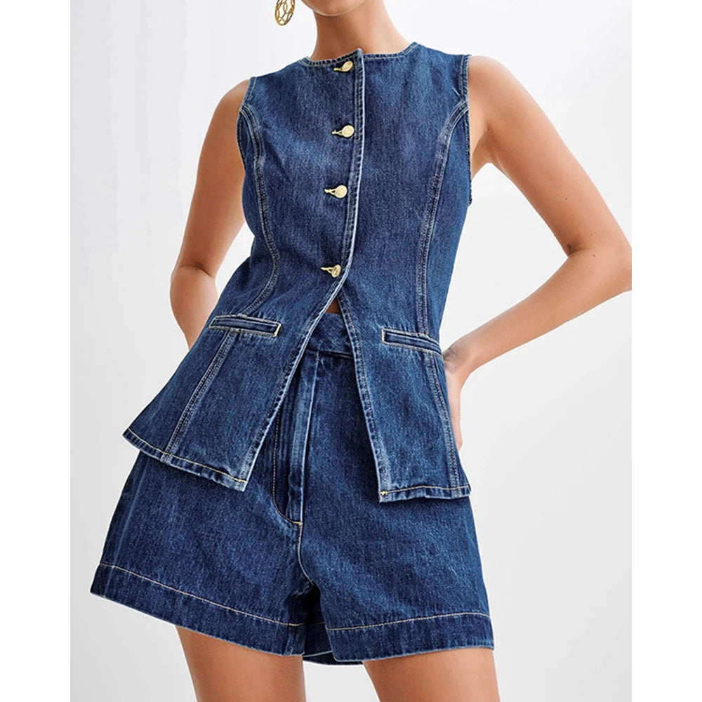 Sleeveless Buttoned Back Slit Top and Denim Shorts Set Two Pieces Summer Slim Fit Outfits
