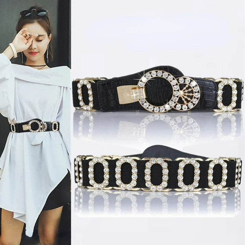 Crystal Rhinestone Wide Elastic Waist Belt for Women