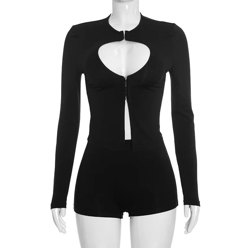 Hollow Out Long Sleeve Crop Top And Shorts Set for Women