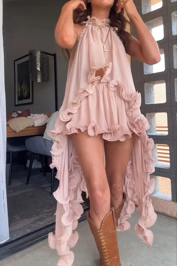 Women Spring Summer New Ruffle Edge Sleeveless Tank Top & Skirt Set Chiffon Fashion Solid Color