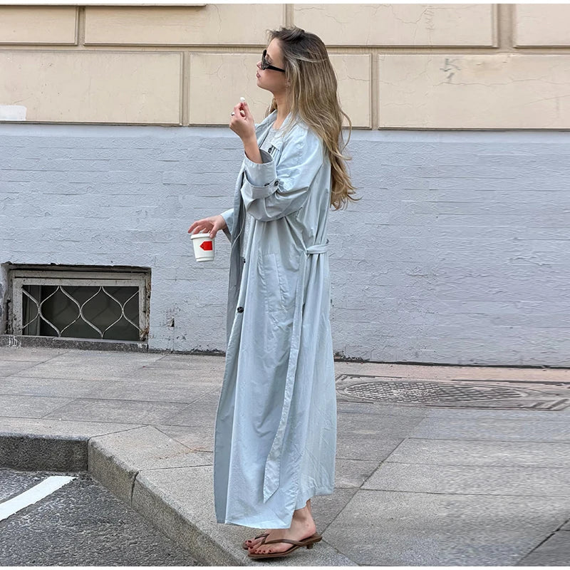 Lapel Collar Button Front Long Trench Coat With Waist Belt for Women