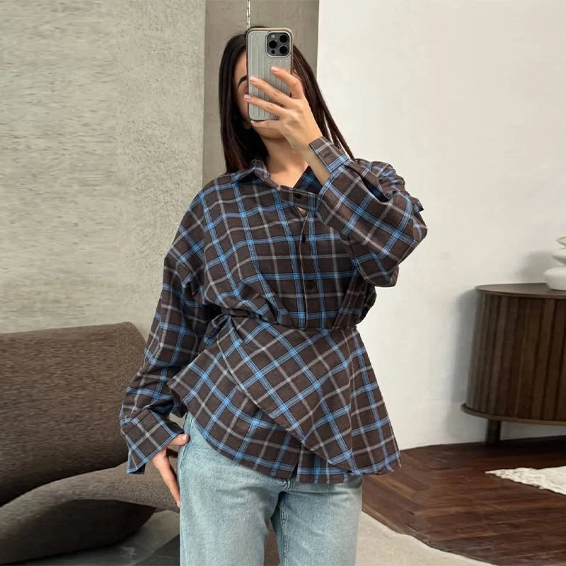 Elegant Plaid Patchwork Long Sleeve Shirt for Women