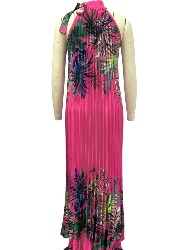 Wmstar Women Dress Lady Casual Loose Halter Pleated Maxi Fashion Leaf Print Sleeveless Beach Boho Elegant Halter Long Dresses