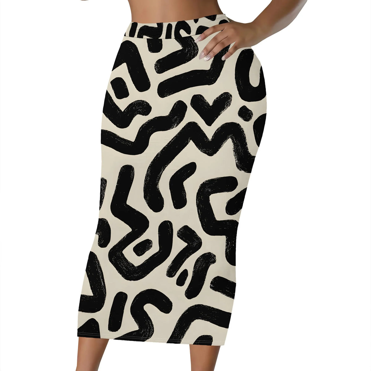 Black And White Abstract Print High Waist Midi Skirt for Women