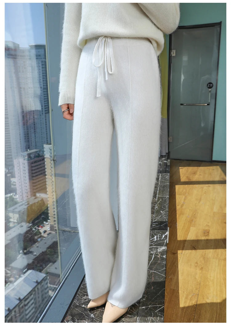 Elastic Waist Wide-Leg Knitted Cashmere Trousers for Women