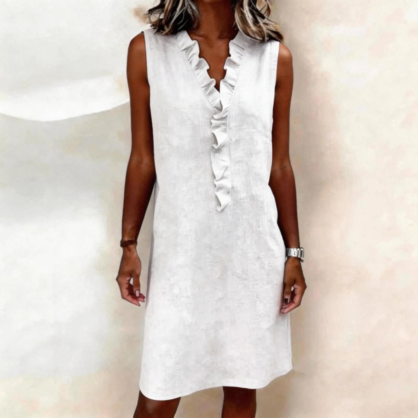 Sleeveless V Neck Front Ruffle Mini Dress for Women