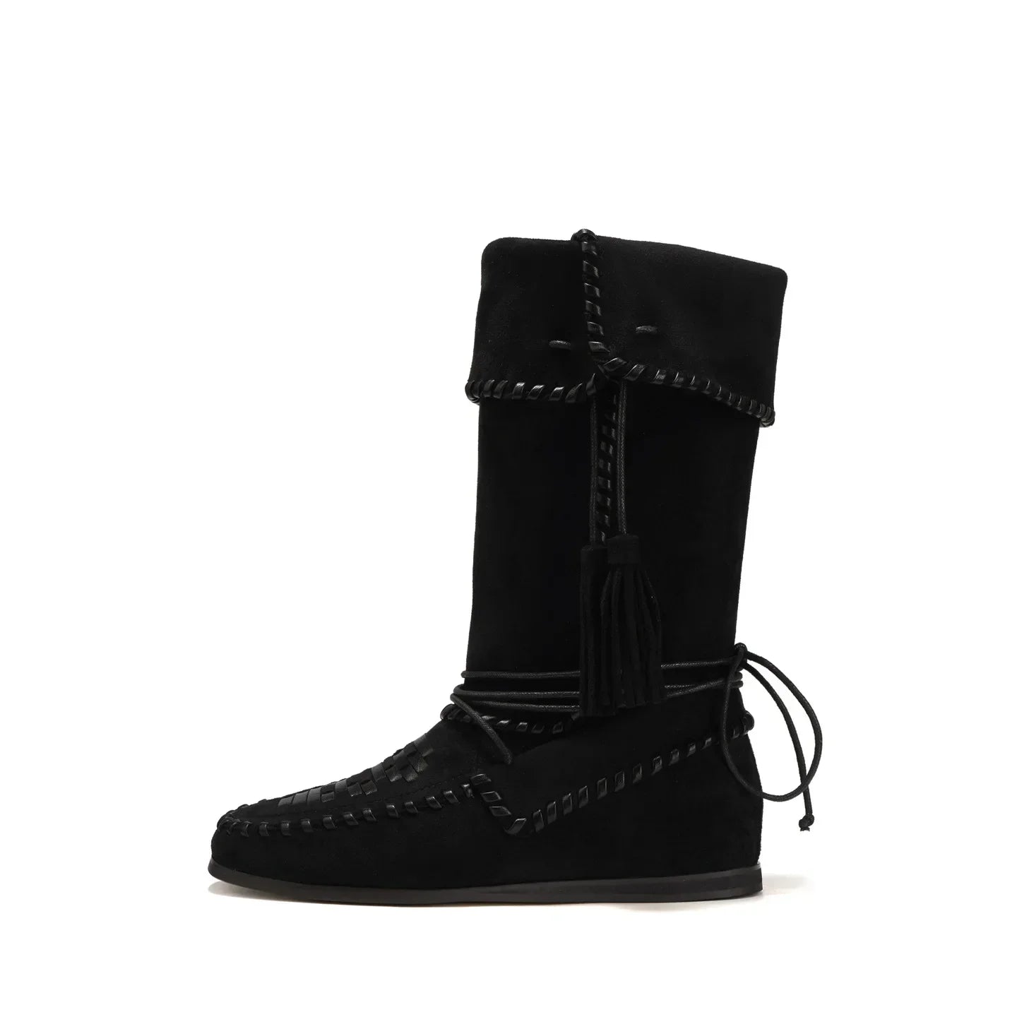 Fringe Woven Suede Mid Calf Boots With Fold Over Cuff For Women