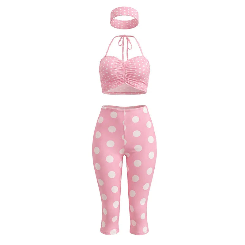 Polka Dot Two Piece Set with Halter Crop Top and Shorts for Women