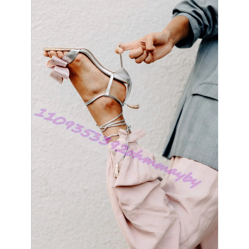 Rhinestone Bow Open Toe Ankle Wrap High Heel Sandals for Women
