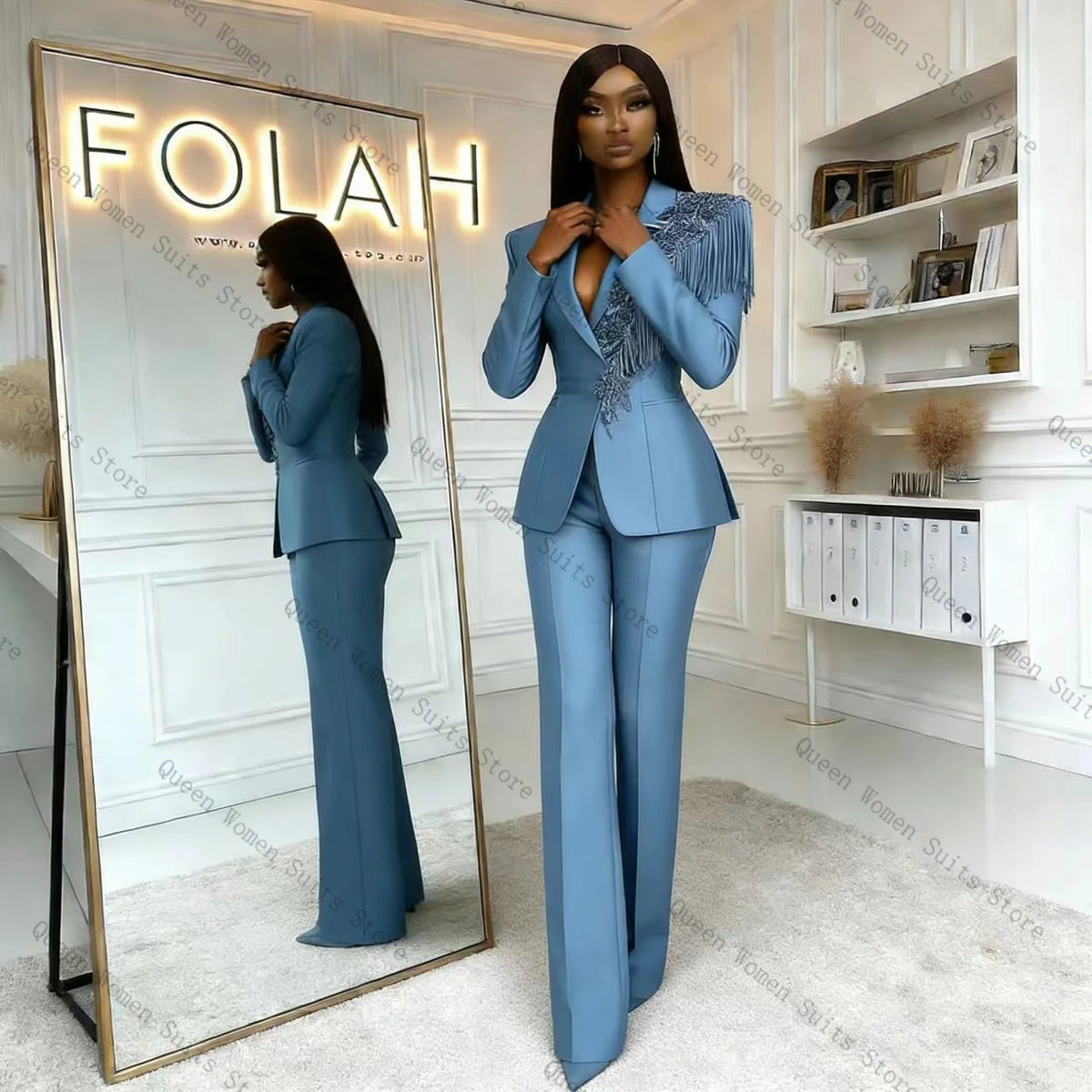 Classic Blue Two Piece Blazer And Trousers Set For Women