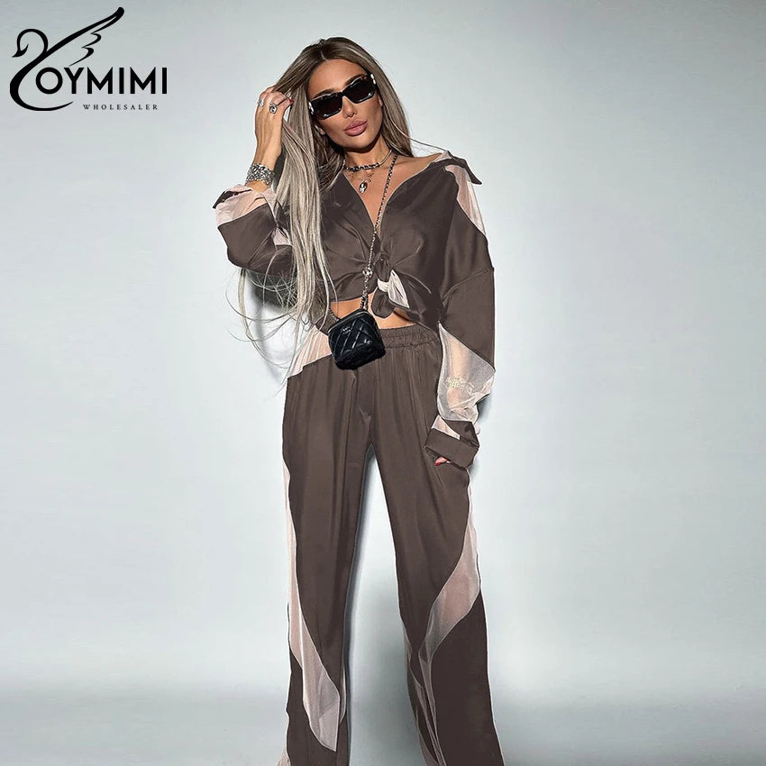 Oymimi Fashion Black Satin Patchwork 2 Piece Set Women Outfit Streetwear Long Sleeve Shirt With High Waist Pant Sets Y2k Clothes
