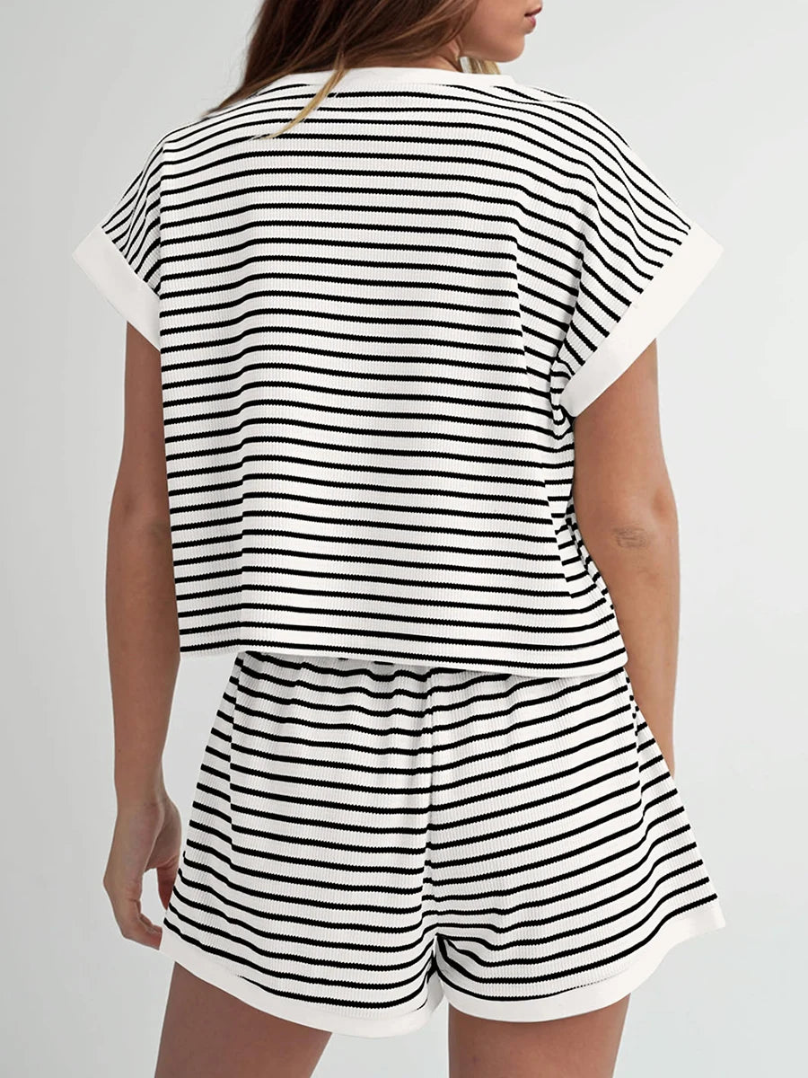 Women’s Casual 2 Piece Outfits Summer Short Sleeve Stripes Print Tops + Elastic Waist Shorts Set Loungewear for Sports Work Out