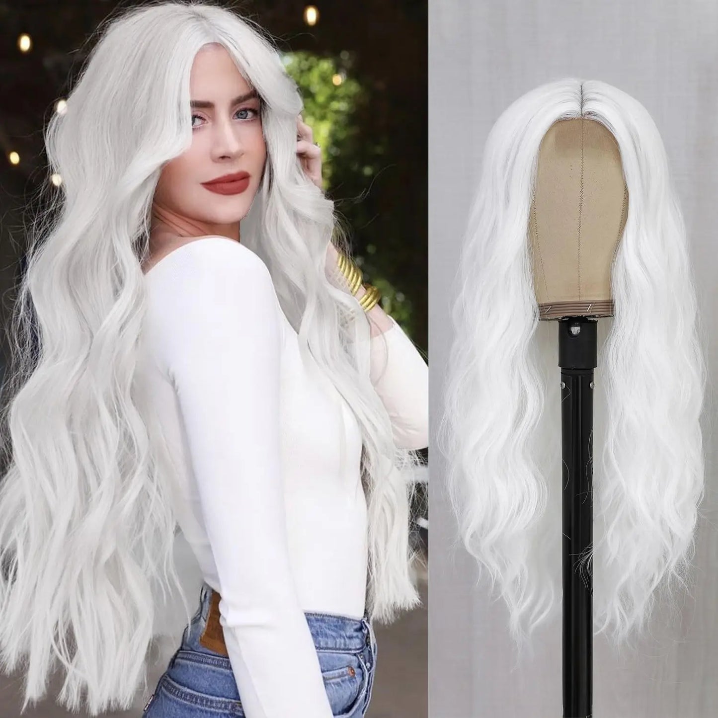 White Long Curly Synthetic Heat Resistant Wig for Women