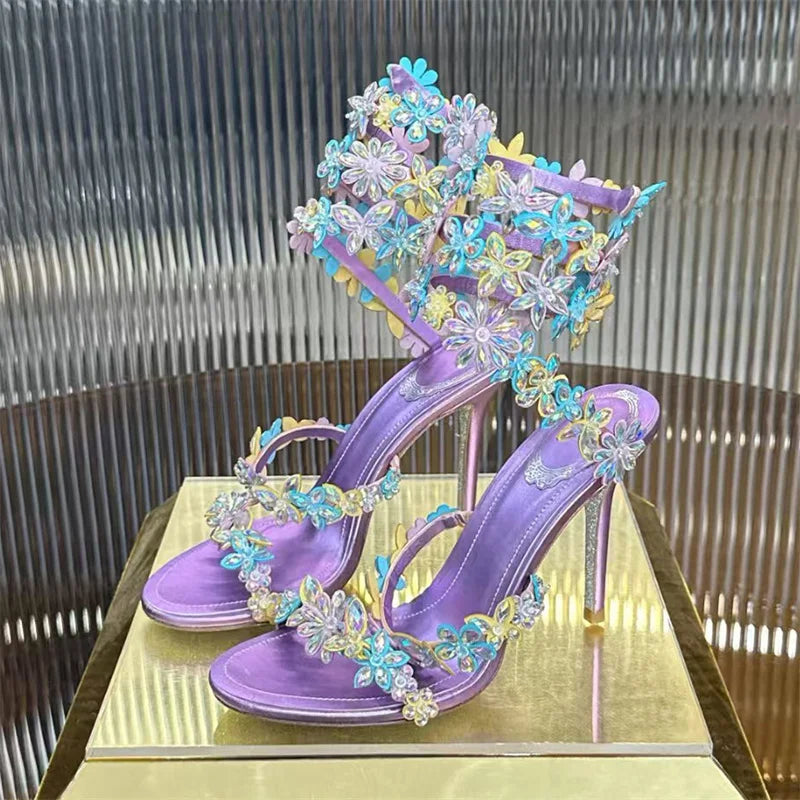Crystal Strappy Wrap Ankle Stiletto Sandals for Women