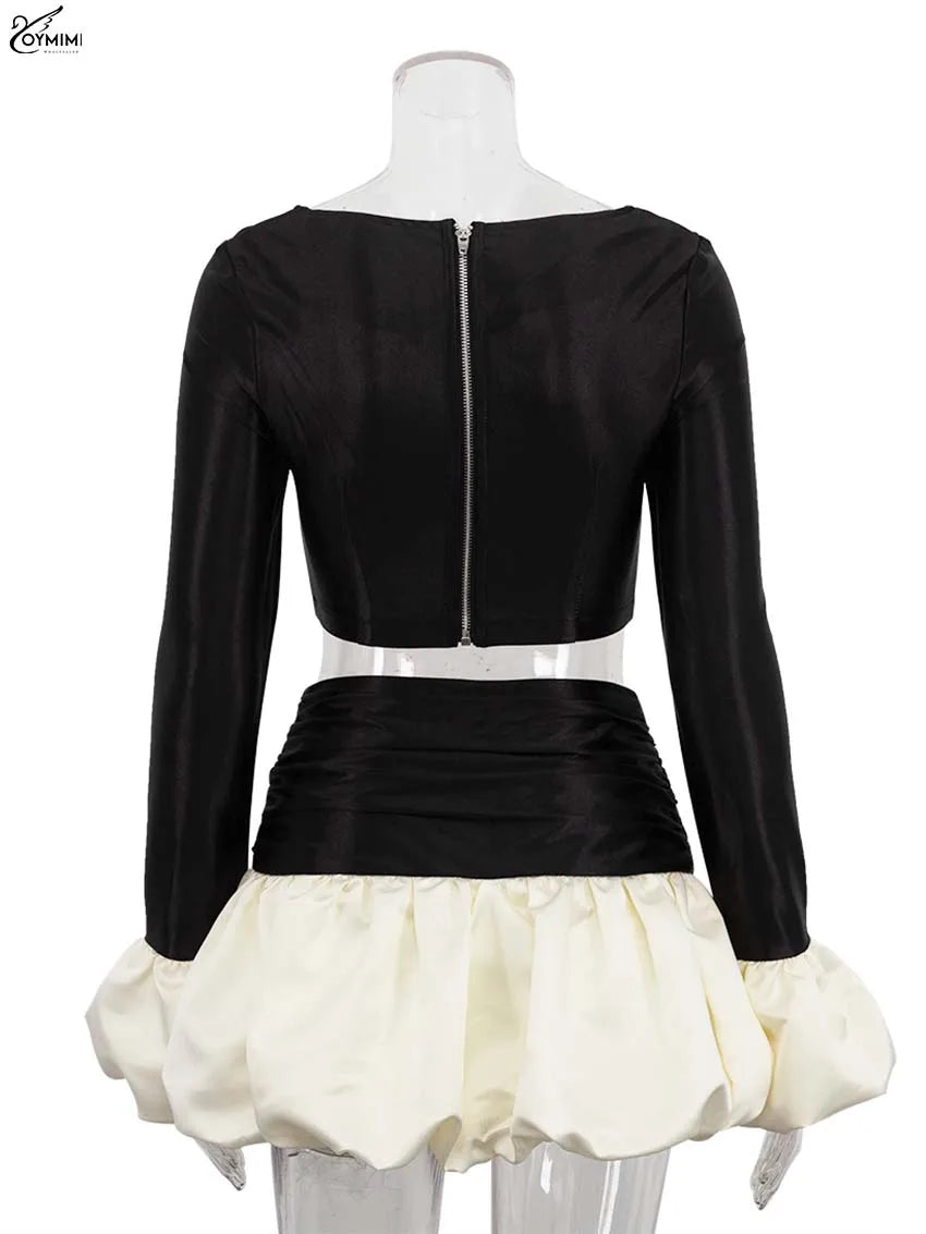 Oymimi Fashion Black Satin 2 Piece Sets Woman Outfits Elegant Long Sleeve Patchwork Zipper Crop Tops And Pleated Mini Skirts Set