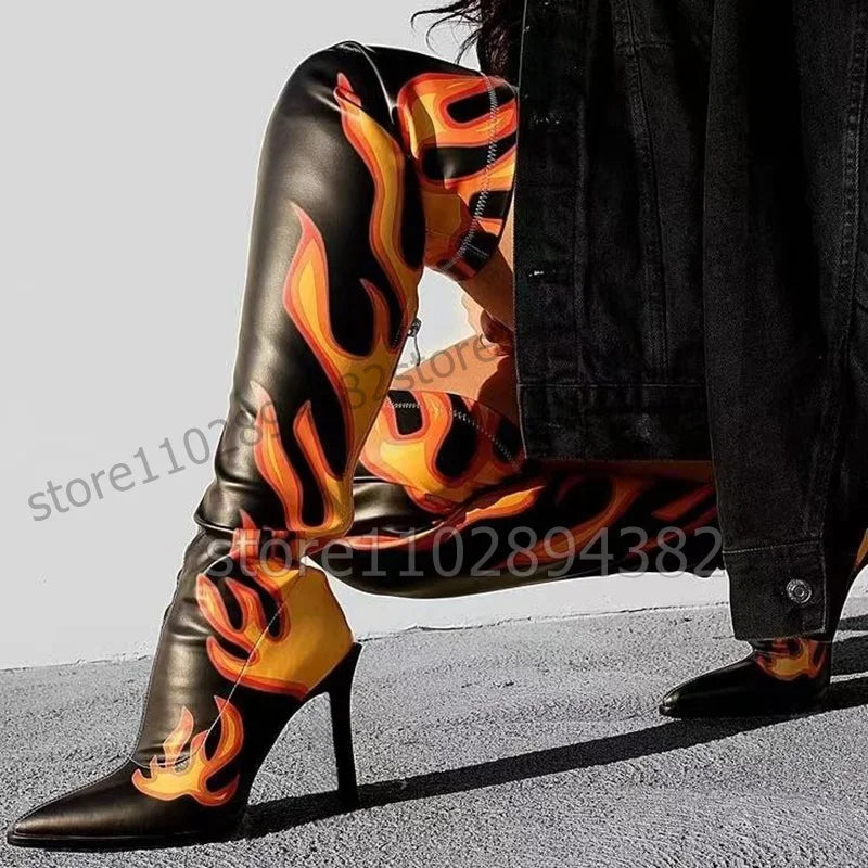 Mixed Color Totem Print Pointed Toe Thigh High Boots For Women