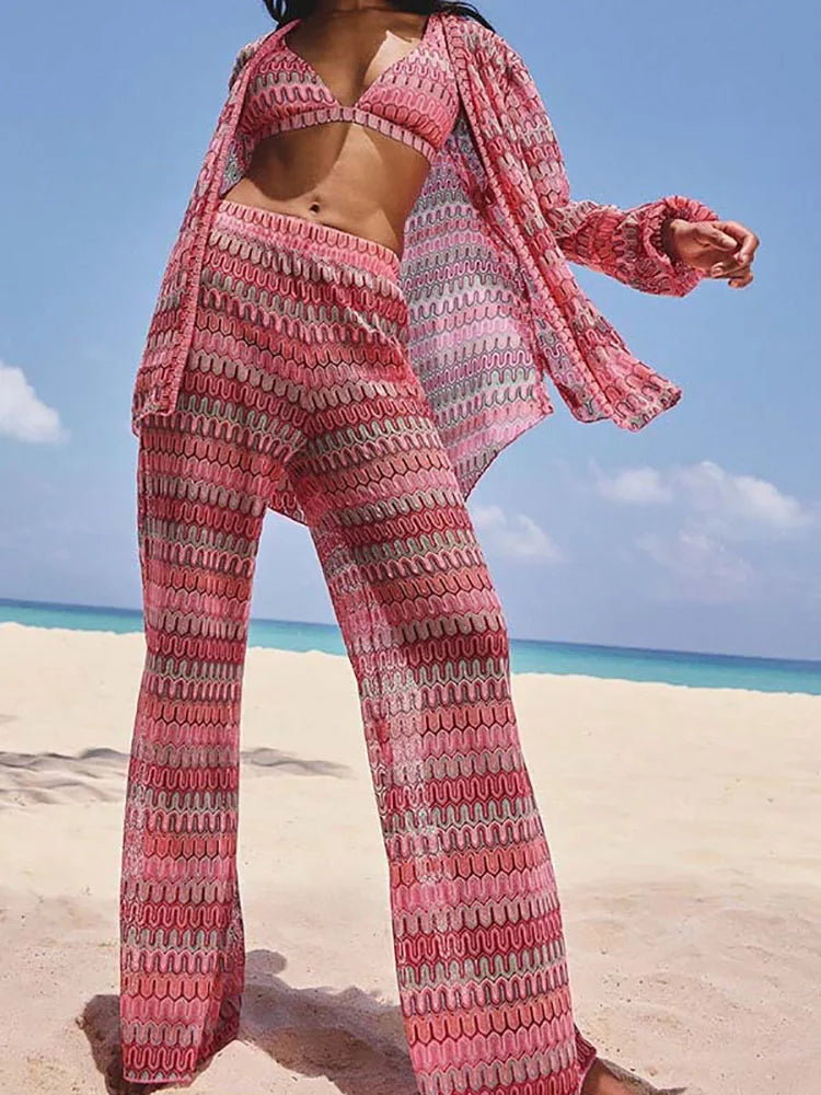 Printing Patchwork Fashion Two Pieces Outfit, Women Spring Summer V Neck Long Lacing Up Coat Set, 2025 Wide Leg Pants Lady Suits