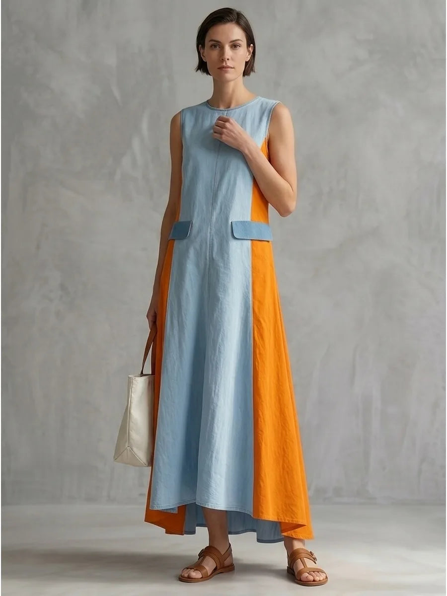 Blue Orange Color Block Round Neck Sleeveless Maxi Dress for Women