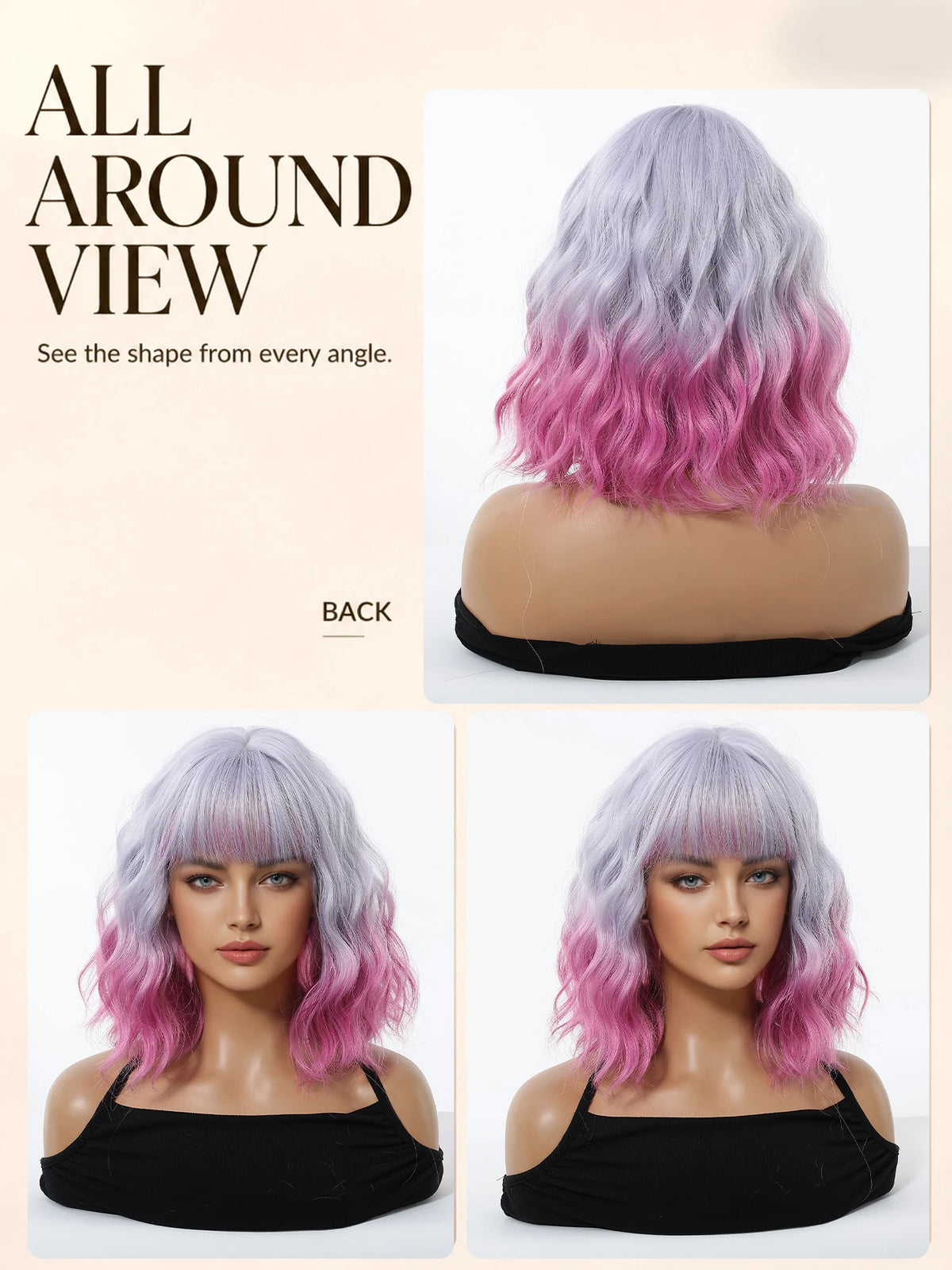 Pink Purple Ombre Curly Synthetic Wig With Bangs for Women