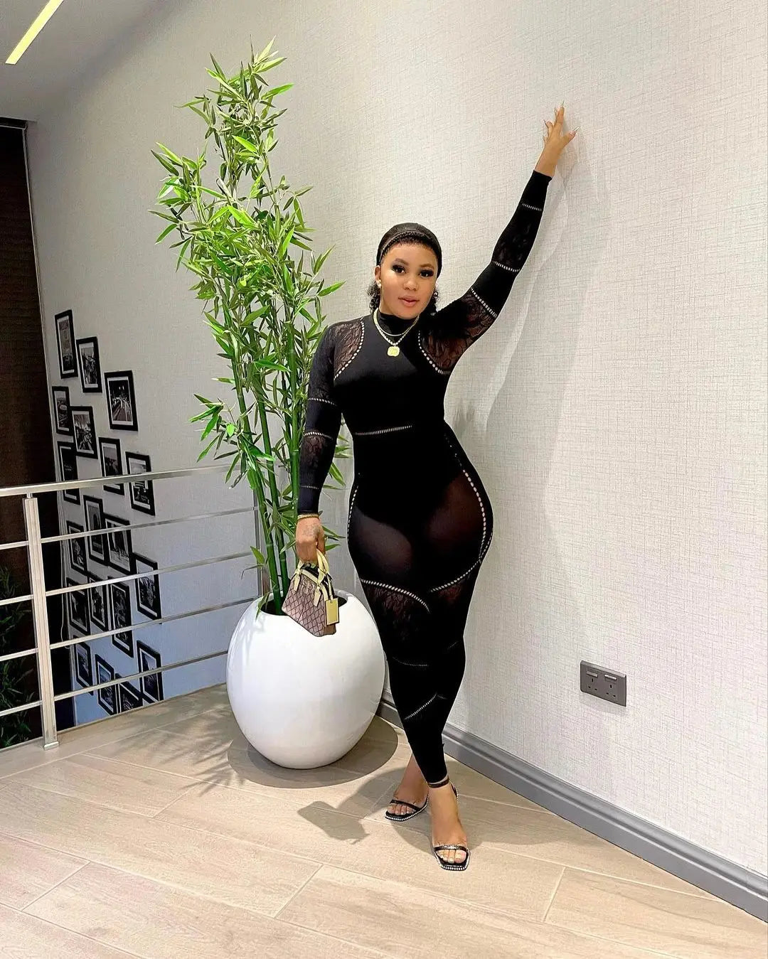 CM.YAYA Long Sleeve Sexy Mesh Lace Hollow Out Women’s Jumpsuits 2024 Fall O-Neck Night Club Party Pajamas  One Piece Outfits