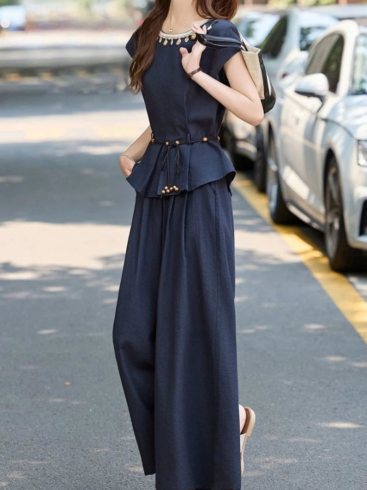 Women's Summer Wide Leg Pants Set 2026 New Arrival Elegant High End 2 Piece Outfit for Casual Chic Look Trending Fashion