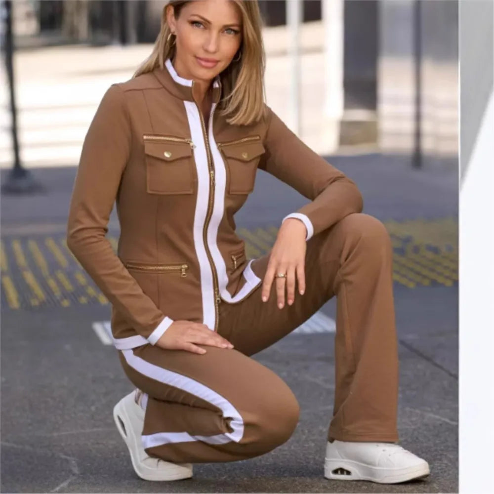 Casual Slim Fit Zipper Top And Sport Pants Set for Women
