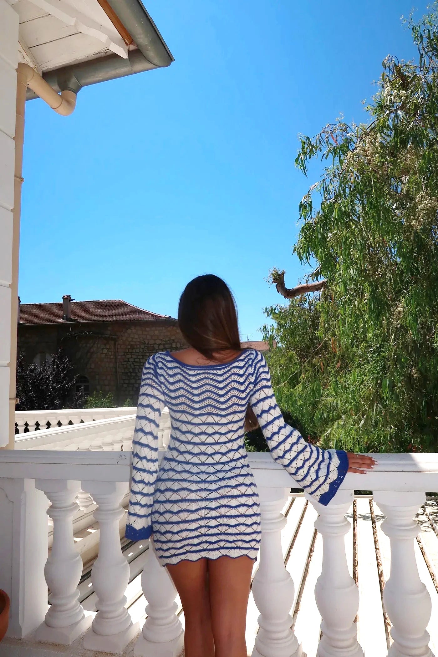 Sexy Boho Striped Chic V-neck Cut Out Bell Sleeve Knit Beach Mini Dress 2025 Summer Women Seaside Holiday Swimsuit Cover Up K123