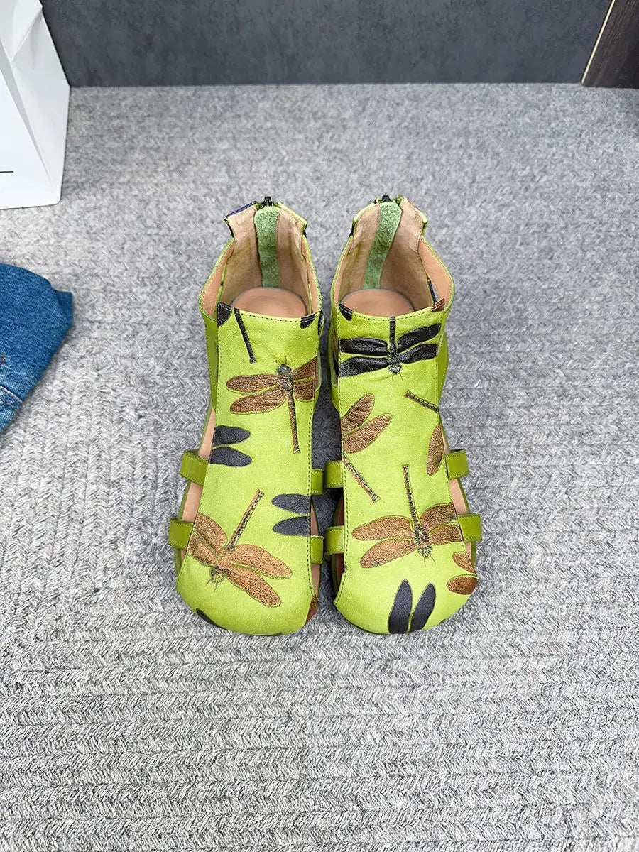 Flat Printed Genuine Leather Roman Sandals for Women