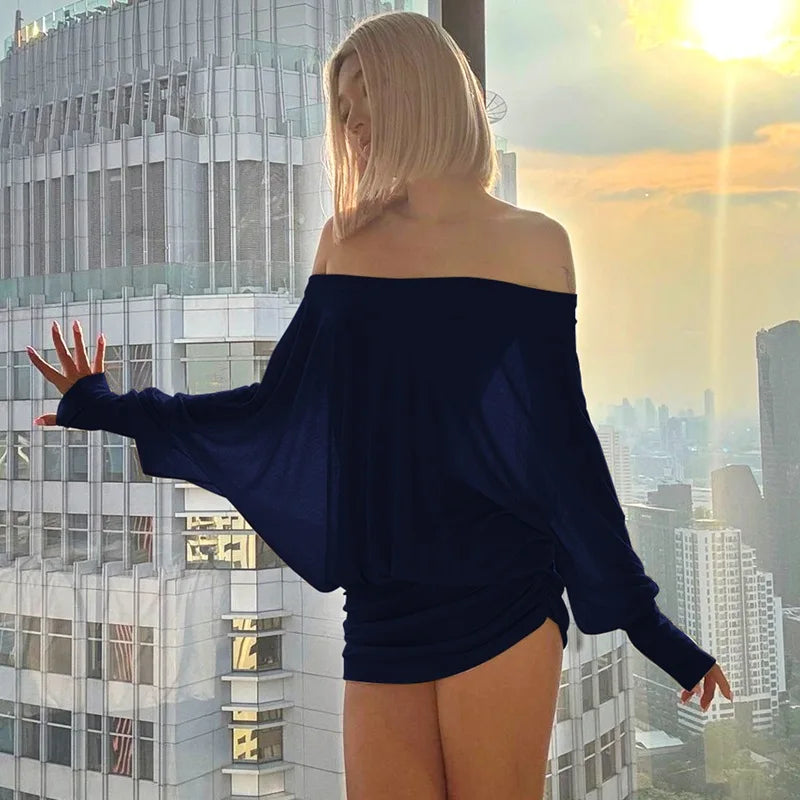 Elegant Ruched Off Shoulder Knit Mini Dress For Women