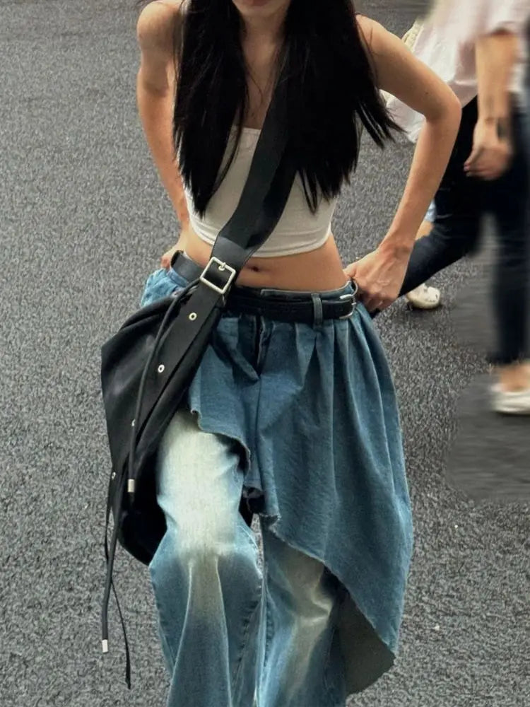 Y2K European and American Retro Washed Design Splicing Fake Two-piece Blue Jeans Women's Popular Loose Sexy Bell-bottom Pants
