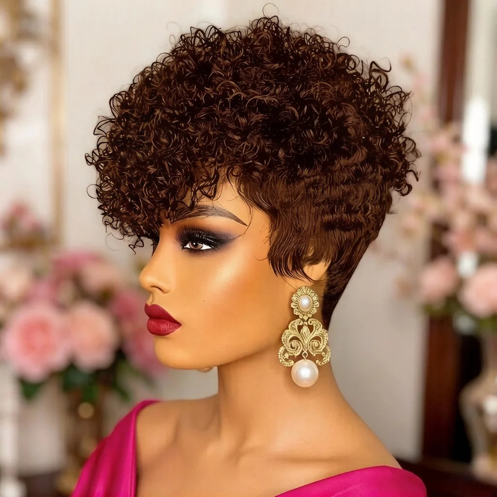 Natural Black Curly Pixie Wig Human Hair With Pre Plucked Bangs For Women