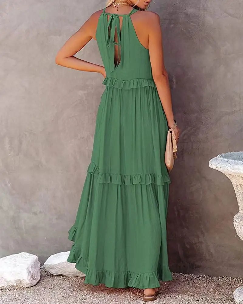 Solid Ruffled Sleeveless Maxi Sundress for Women