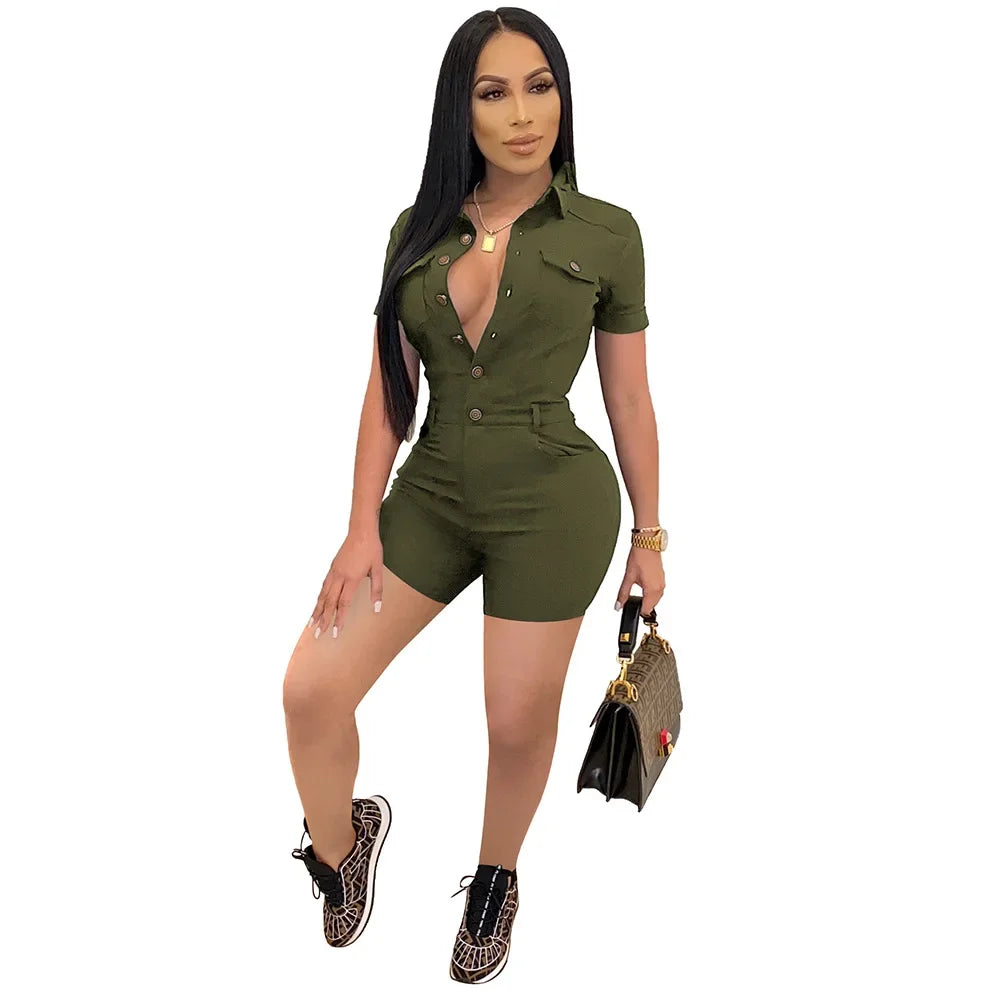 Summer V Neck Mesh Cargo Short Jumpsuit for Women