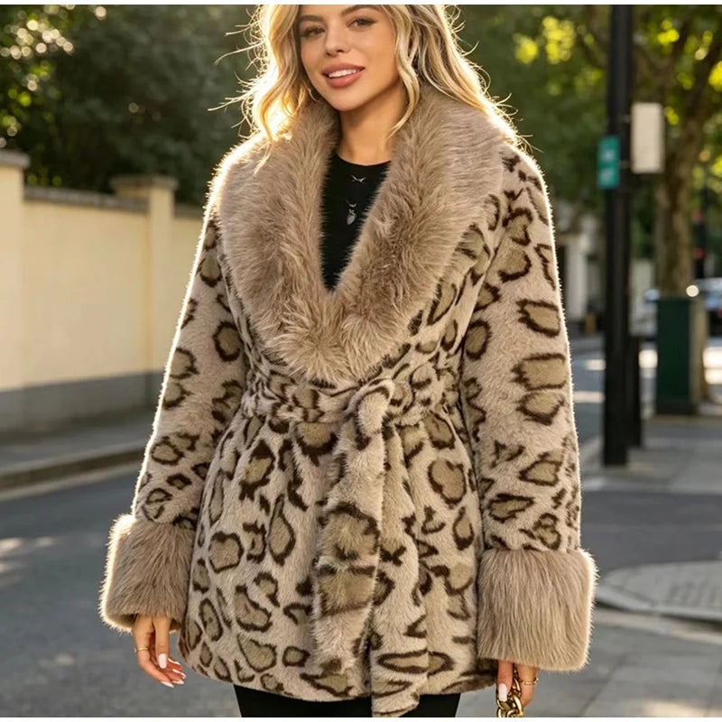 Leopard Print Faux Fur Patchwork Winter Overcoat for Women