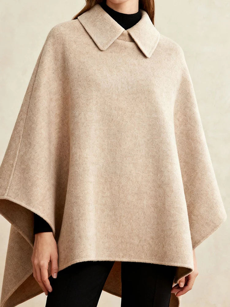 Elegant Patchwork Long Cape Coat With Turn-Down Collar for Women