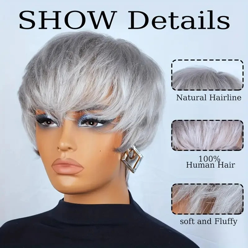 Gray Straight Layered Pixie Cut Human Hair Wig for Women