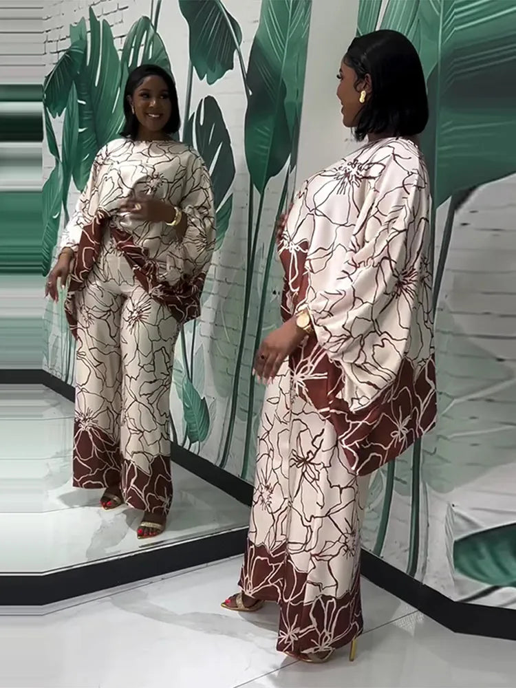 Floral Print Satin Lantern Sleeve Two Piece Set for Women