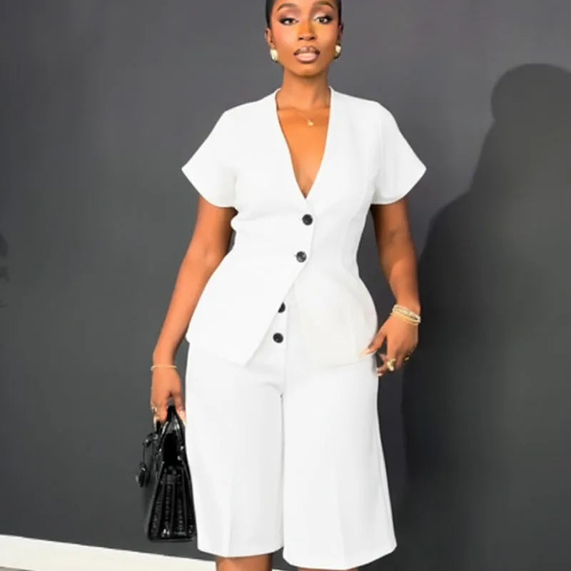 Elegant Workwear Two Piece Set with V Neck Top and Knee Length Shorts for Women