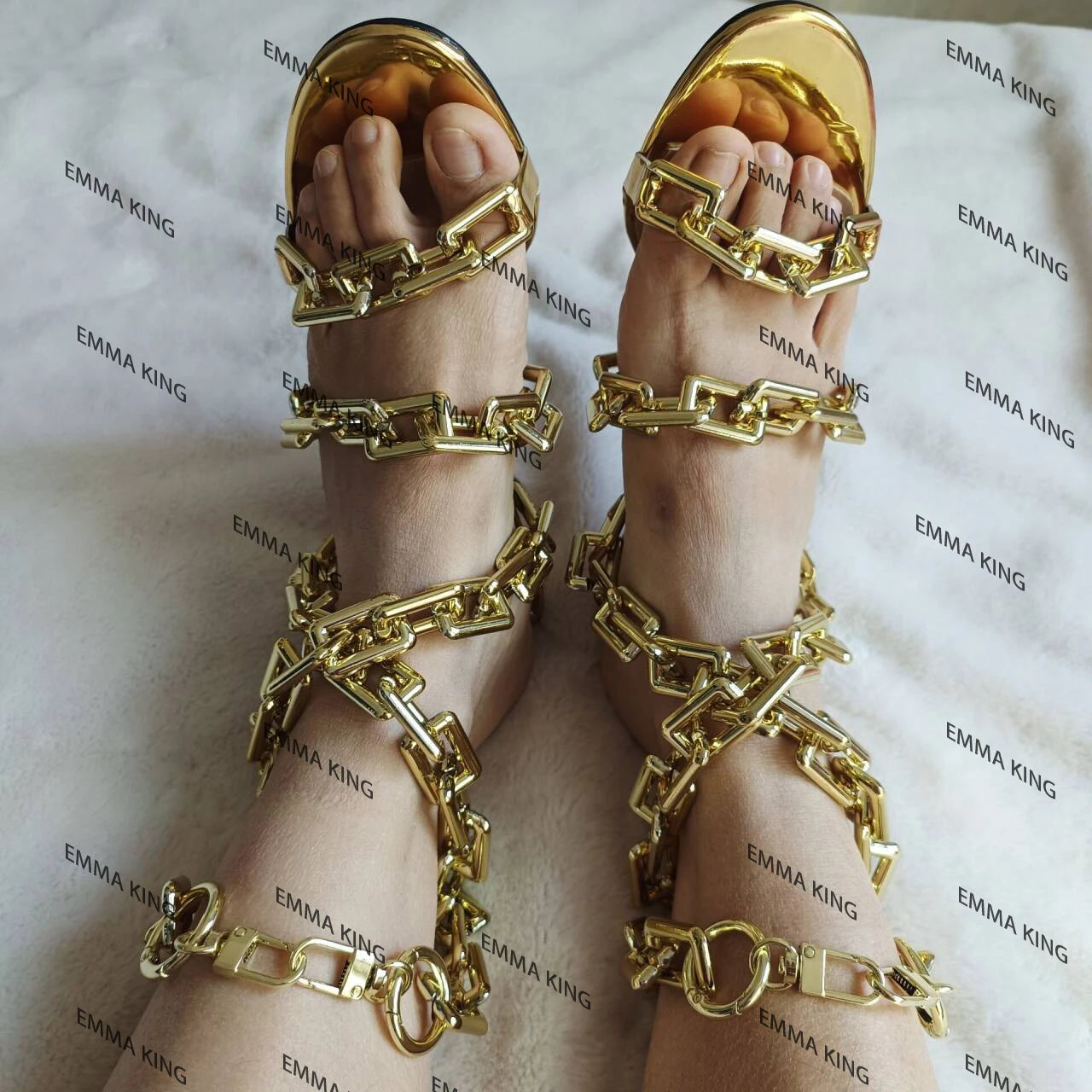 Patent Leather Twist Heel Chain Sandals