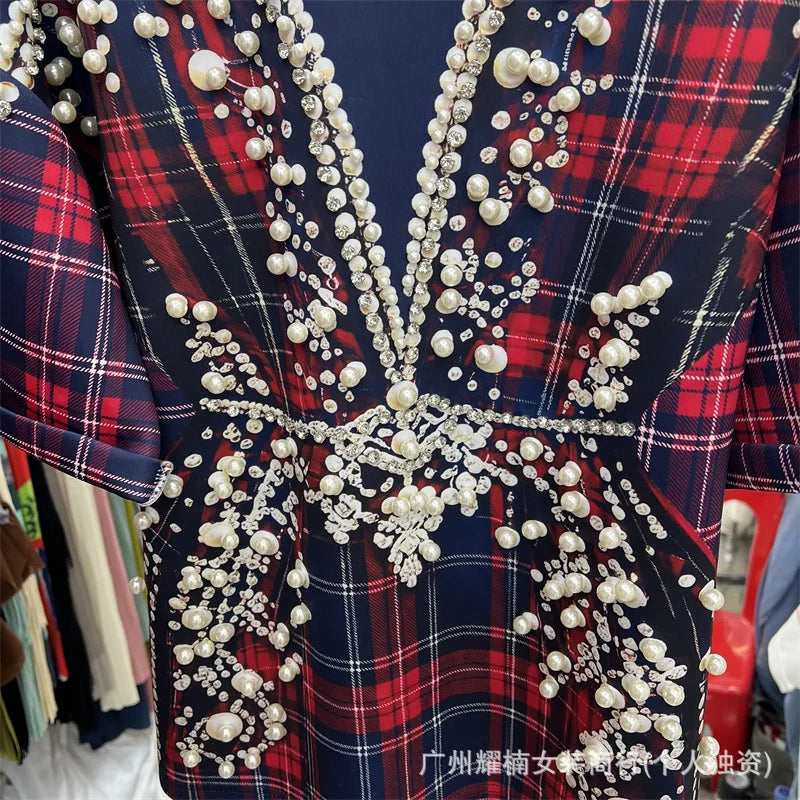 Colorblock Plaid Short Sleeve Female T-shirt Luxury Beading Round Neck Pullover Top All-match Spring Summer Women Casual Tees