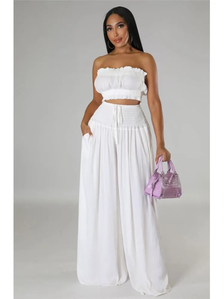 Lace Up Strapless Top Two Piece Pants Set for Women