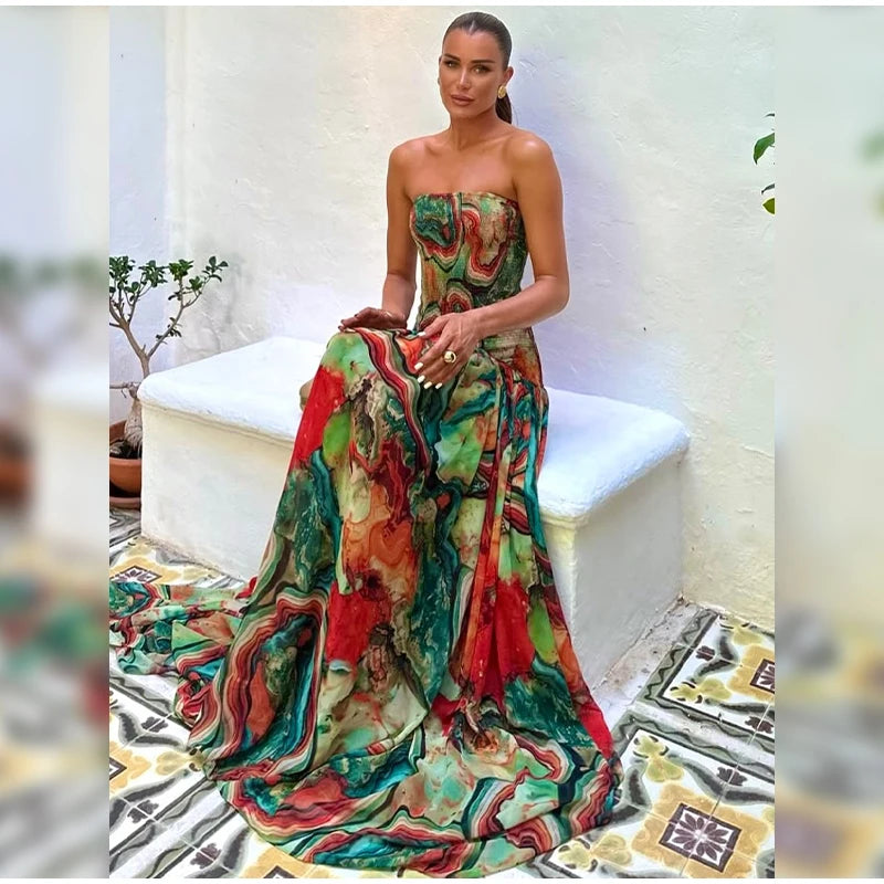 Strapless Pleated Waist Printed Cocktail Dress For Women